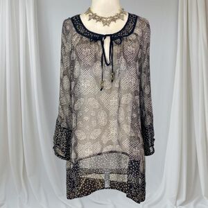 Ella Moss Whimsygoth Boho Black White Sheer Long 100% Silk Tunic Blouse S